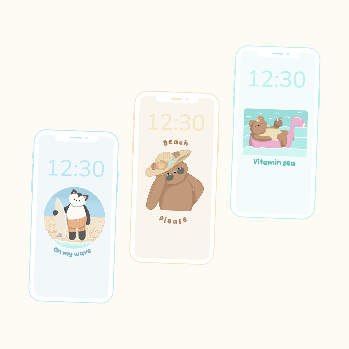 Summer Vibes wallpaper pack — hand-drawn kawaii tropical phone wallpapers by Cozy Tropics, digital download
