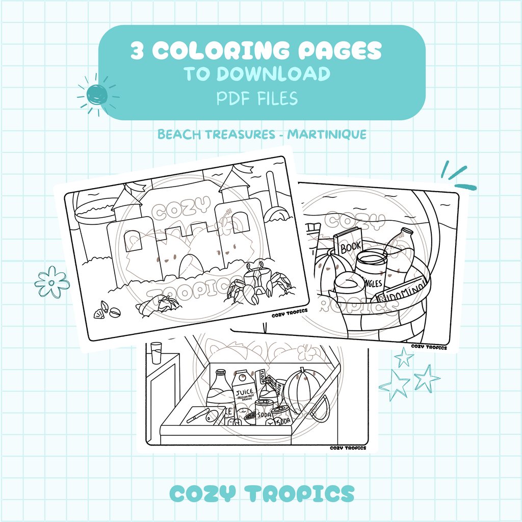 Kawaii tropical coloring page — Beach Treasures scene from Martinique, hand-drawn stress-relief PDF printable by Cozy Tropics