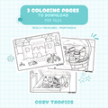 Kawaii tropical coloring page — Beach Treasures scene from Martinique, hand-drawn stress-relief PDF printable by Cozy Tropics