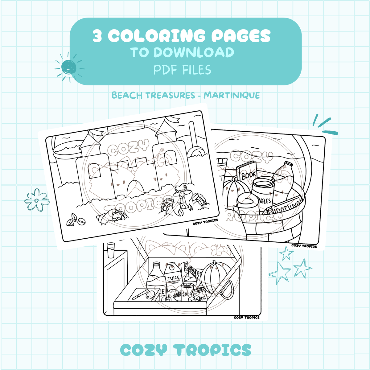 Kawaii tropical coloring page — Beach Treasures scene from Martinique, hand-drawn stress-relief PDF printable by Cozy Tropics