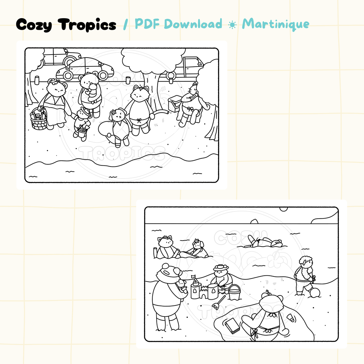 pages pack de coloriage cozy - Après-midi plage