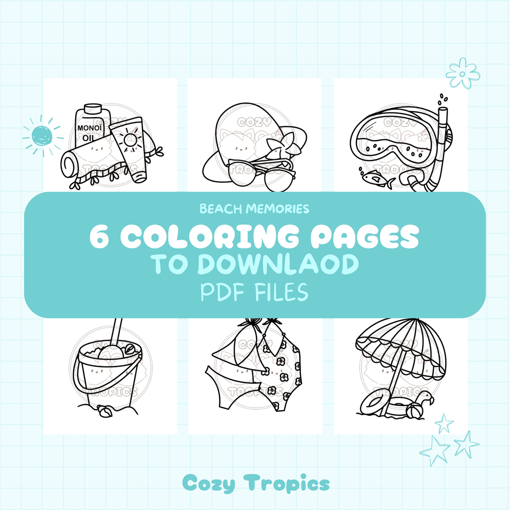 Kawaii tropical coloring page — tropical beach items scene, hand-drawn stress-relief PDF printable by Cozy Tropics