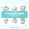 Kawaii tropical coloring page — tropical beach items scene, hand-drawn stress-relief PDF printable by Cozy Tropics