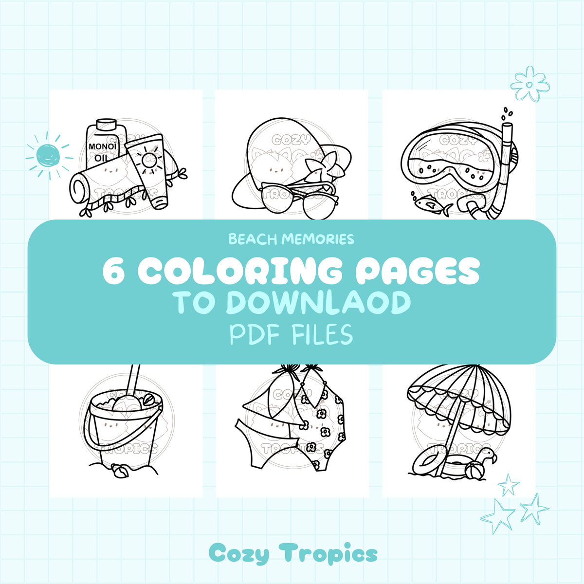 Kawaii tropical coloring page — tropical beach items scene, hand-drawn stress-relief PDF printable by Cozy Tropics