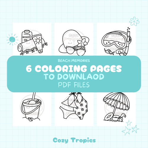 Kawaii tropical coloring page — tropical beach items scene, hand-drawn stress-relief PDF printable by Cozy Tropics