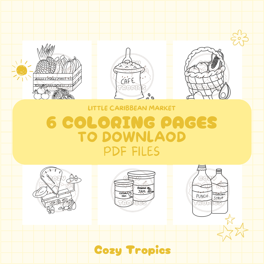Kawaii tropical coloring page — Caribbean market items scene, hand-drawn stress-relief PDF printable by Cozy Tropics
