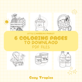 Kawaii tropical coloring page — Caribbean market items scene, hand-drawn stress-relief PDF printable by Cozy Tropics