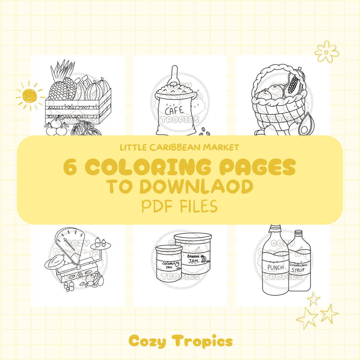 Kawaii tropical coloring page — Caribbean market items scene, hand-drawn stress-relief PDF printable by Cozy Tropics